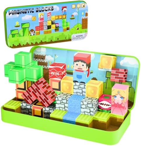 Mini Magnetic Blocks with Metal Tin, Forest Travel Toys for Kids Ages 4-8, Toddler Stem Learning Set, Portable Building Cubes Construction Toys for Boys Girls 3-5, 35pcs