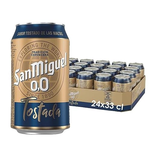 San Miguel 0,0 Tostada, Cerveza Lager Sin Alcohol, de Gran Elaboración, Ligeray Refrescante, Pack de 24 Latas de 33 cl, 0.0 % Volumen de Alcohol