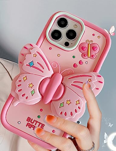 Coque silicone iPhone 15 Pro Max papillon rose support 3D antichoc mignon