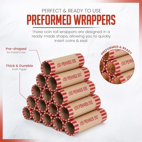 Image of PM Company 100 Pcs Preformed Pennies Coin Wrappers Rolls ABA Color-Coded