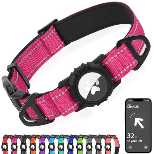 Joytale Airtag Dog Collar, Reflective Pet Collar with Waterproof AirTag Holder, Dual D-Rings, Soft Padded Adjustable for Small Dogs, Hotpink, S