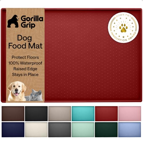 Image of GORILLA GRIP 100% Waterproof Raised Edge BPA Free Silicone Pet Feeding Mat, Dog Cat Food Mats Contain Spills Protects Floors, Placemats for Cats and Dogs Water Bowl, Pets Accessories 18.5x11.5 Red