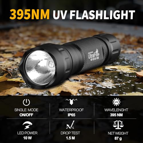 ULTRAFIRE UV Torch 395nm Blacklight, 10W UV LED Torch with Holster, Single Mode Powerful Ultraviolet Lamp for Curing Resin, Pet Urine Stain, Finding Minerals, Leak Detector, 501UV - Image 2
