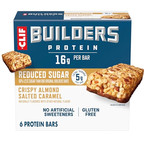 CLIF BUILDERS Protein Bars - Crispy Almond Salted Caramel - Reduced Sugar - Gluten Free - 16g Protein - No Artificial Sweeteners - 1.97 oz. (6 Pack)