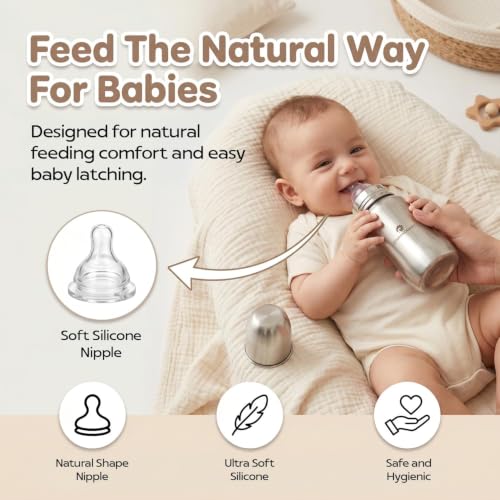Image of StarAndDaisy 140ml Stainless Steel Baby Feeding Bottle for Newborns, Infants & Toddlers | SUS 304 Steel Milk Bottle | BPA-Free, Anti-Colic, Leakproof & Easy-to-Clean Feeding Bottle for 0+ Months (Silver)