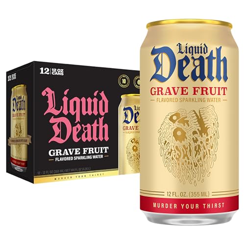Image of Liquid Death Soda-Flavored Sparkling Water - Grave Fruit (Grapefruit Flavor), Less Sugar*, Huge Flavor, No Caffeine, No Artificial Sweeteners, 12 Fl Oz (Pack of 12)
