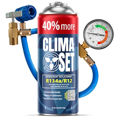 ClimaSet Recambio gas R134a R12 con manguera   manometro – Kit recarga aire acondicionado coche 1x235 g   Sustituto del refrigerante R134a   Gas aire acondicionado coche   ECO