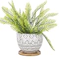 VanEnjoy Round Bohemian Style Ceramic Planter, Geometry Engrave Off White Brown Planter Flower Pot, Indoor Outdoor Decorative Planter