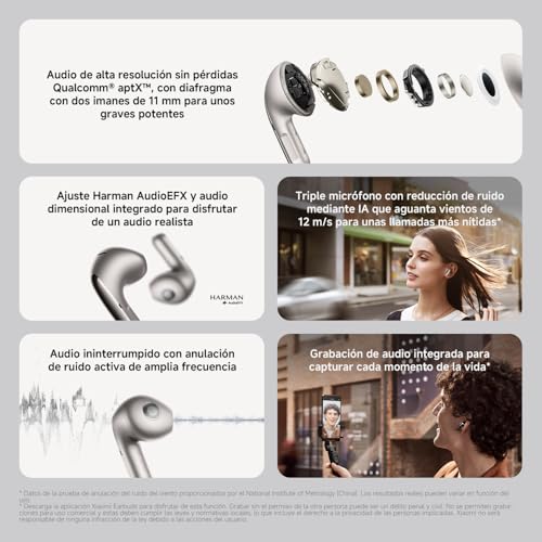 XIAOMI Buds 5 – Auriculares inalámbricos, cancelación Activa de Ruido, Harman Audio EFX, Hi-Res, diseño ergonómico, hasta 30 Horas de batería, Blanco (Versión ES) - imagen 2