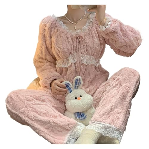 AHUFGN Pyjama Femme Pyjama d'hiver en Peluche Doux et Chaud for Femme, Ensemble 2 pièces en Dentelle à Manches Longues, Couleur Unie, vêtements de Maison(Pink,M)