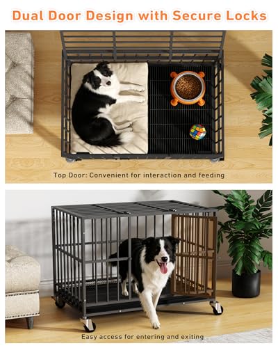 38 inch Heavy Duty Dog Crate with Dual Doors and Lockable Wheels, Large Dog Kennel Indoor, Removable Tray for Easy Cleaning, Dog Cage for Medium to Large Breeds and Anxious Dogs - Image 4
