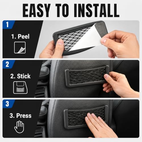 Image of Mshine Car Seat Side Mesh Pocket Net Bag Holder | Stick-On Adhesive Interior Storage Solution for Purse Phone Accessories | Durable Elastic Mesh Organizer for Vehicle Seat Gaps | Pack of 4