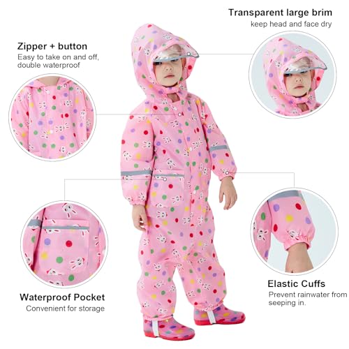 Image of Kids Rain Suit Toddler Boys Girls One Piece Raincoats Waterproof Coverall Baby Rain Jackets Zipper Rainwear 1-10 Years