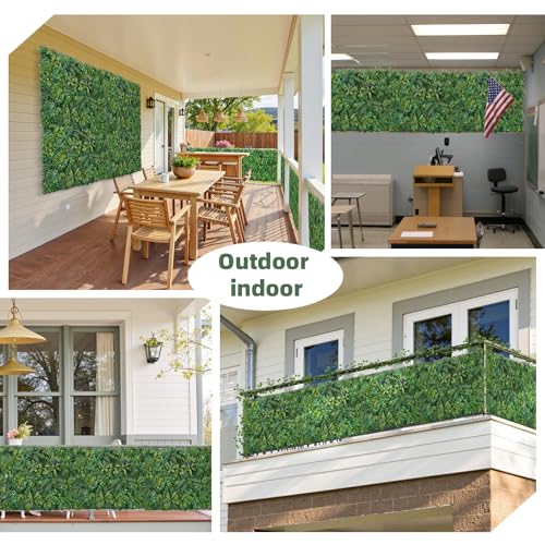 Artificial Boxwood Panel 8 Pieces 20"x20", Green Grass Wall Backdrop Wall for Fence Patio Backrop Balcony, Faux Ivy Privacy Fence Screen, 5 PCS Vines, 60 PCS Violet Flower, 2 PCS Light Strip