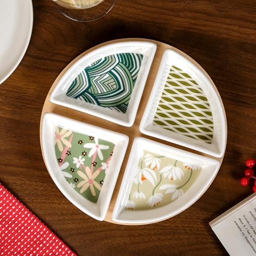 Image of Nestasia Ceramic Serving Platter Set | 4 Small Sectioned Plates with 1 Circular Wooden Tray | 100% Food Safe Serving Tray Set - Perfect for Serving Sweets, Dips, Dry Fruits & Snacks (Green & White)