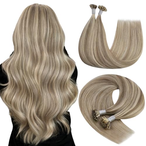 Image of YoungSee U Tips Hair Extensions Real Human Hair Brown to Blonde Pre Bonded Utip Hair Extensions Light Brown Highlight Blonde Human Hair K Tips Extension Highlight for Short Straight Hair 14In 50s /50g