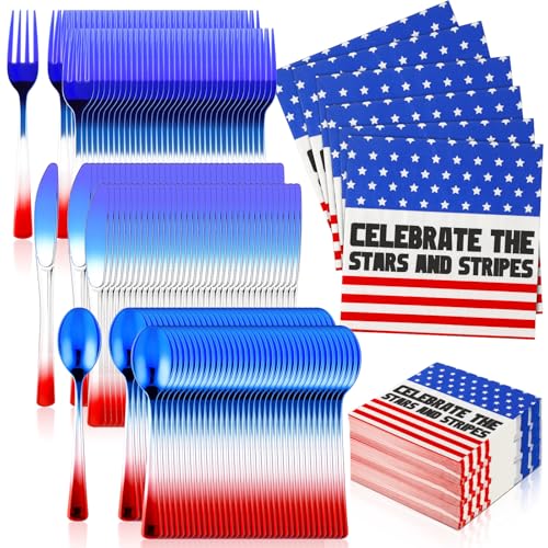 Hushee 400 Pcs 4th of July Decorations Red White Blue Party Supplies Patriotic Plastic Silverware and Napkin 250th Anniversary Disposable Silverware Utensil Cutlery Set for Memorial Independence Day