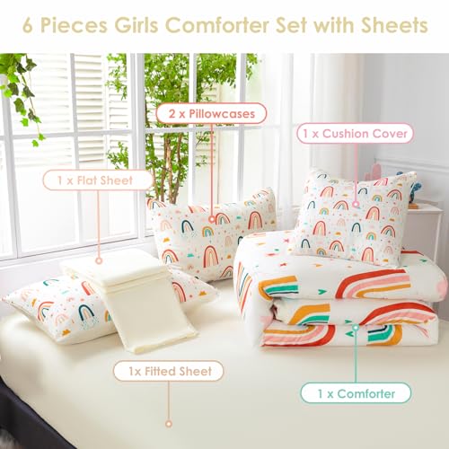Image of Rainbow Comforter Set Queen Size 6 Pieces Beige Girls Bedding Set with Sheets Colorful Floral Clouds Print Bed in A Bag for Kids Teen Girl (Beige Rainbow, Queen)