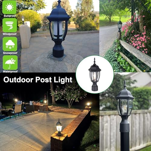 LIT-PaTH Outdoor Post Light Pole Lantern Lighting Fixture with One E26 Base Max 60W, Aluminum Housing Plus Glass, Matte Black Finish, 1-Pack - Thumbnail 6