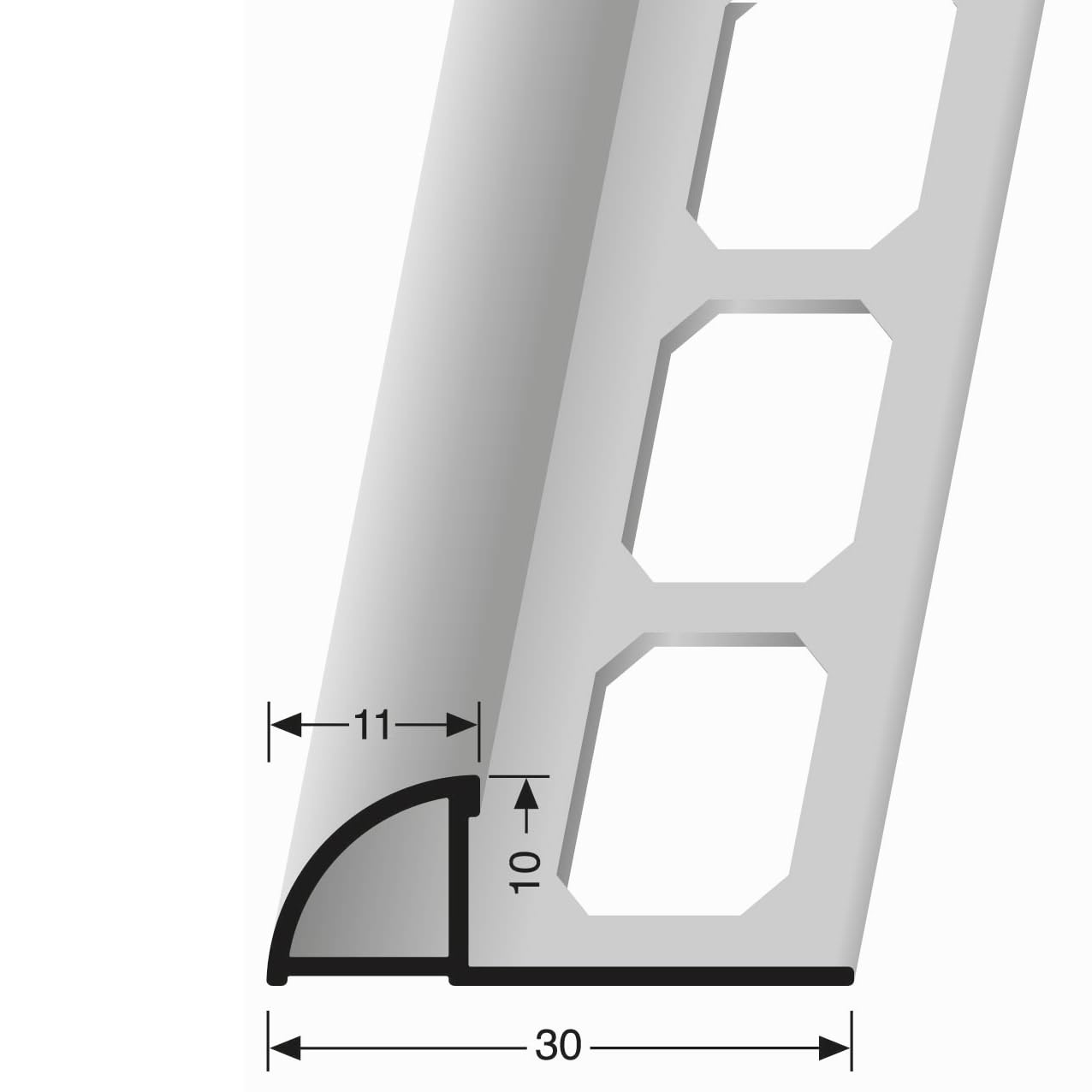 Fliesenprofil 10 x 30 x 2500 mm Einfasshöhe 10 mm Viertelkreisprofil Aluminium Geschlossen Gestanzt Metallprofil Silber Küberit