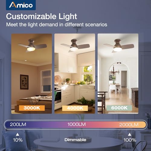 Image of Amico Ceiling Fans with Lights, 30 inch Low Profile Ceiling Fan with Light and Remote Control, Flush Mount, Reversible, 3CCT, Dimmable, Noiseless, Brown Ceiling Fan for Bedroom, Indoor /Outdoor Use