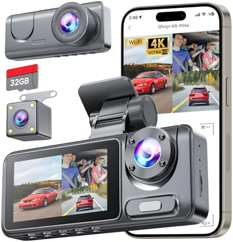 Dash Cam Front and Rear Camera, 4K HD 3 Channel Dash Camera for Cars with 32GB Card, Dash Cam with Night Vision, 2.0'' IPS Screen Dashcam with G-Sensor, 24H Parking Mode, Loop Recording, Gray