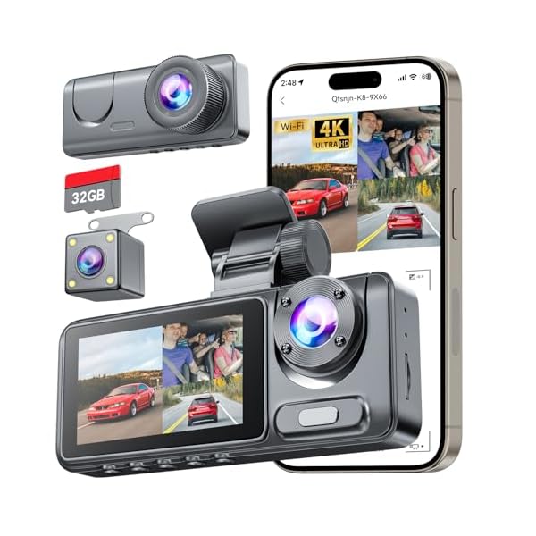 3 Channel Dash Cam for Cars Front Rear Inside, 1080P WiFi Dash Cam w/ 32GB Card, 2.0″ IPS Screen Dashboard Camera Recorder with App Control, G-Sensor, Loop Recording, Night Vision, Parking Monitor