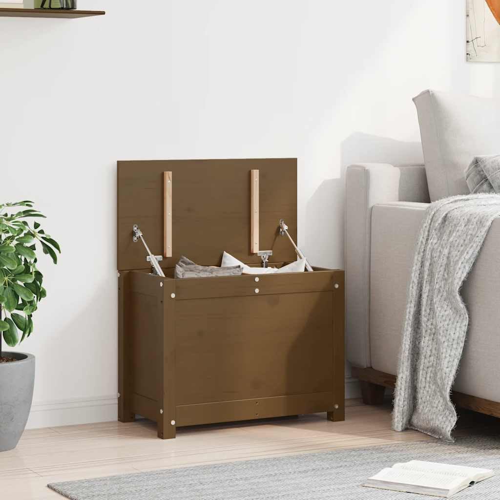 Baúl marrón miel 60 x 32 x 45,5 cm caja de almacenamiento de madera maciza de pino con tapa y muelle de gas, caja rústica para salón y pasillo, caja de madera versátil