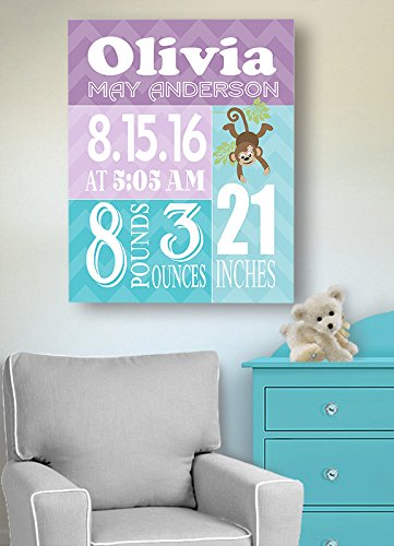 Personalized Stretched Canvas Birth Announcement Gift, Custom Baby Name, Date, Weight Stats, Newborn Nursery Monkey Wall Art Decor, Wooden Frame Construction, Ready to Hang 20X24