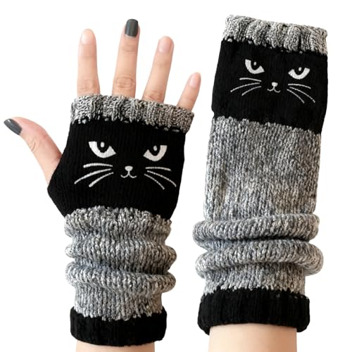Guantes sin dedos - Mitones cálidos y lindos - Guantes con diseño de bordado de gato con dedos cortados, para mujeres, adultos, niñas, invierno, clima frío, conducción, mecanografía