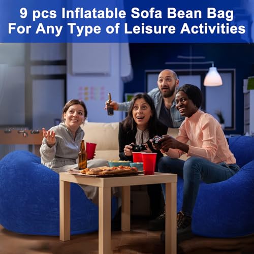 Image of Realspring 9 Pcs Inflatable Bean Bag Chair, Air Pump,Dark Blue | Electric Pump for Inflation, Foldable Blow up Chairs for Outdoor Movie Seating, Portable Sofa for Adults Camping