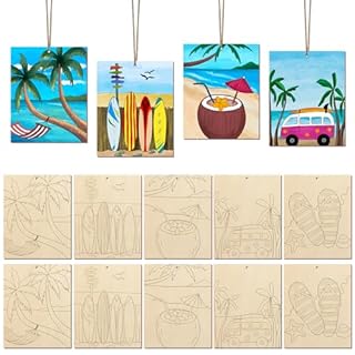 COCHIE 10 Pieces Large Summer Unfinished Wood Crafts to Paint for Adults, Bulk Predrilled Wooden Ornaments for Painting, Beach Paintable Wood Slices Craft Supplies with Ropes
