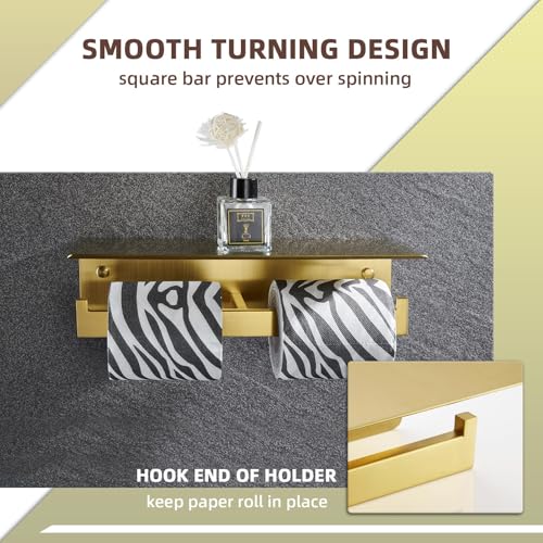 Image of Angle Simple Double Toilet Paper Holder with Shelf, Brushed Dark Gold | SUS304 Stainless Steel, Bathroom Tissue Roll Dispenser, Functional Storage Shelf for Phone Wet Wipe Plant, Screw Wall Mount