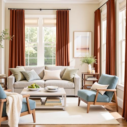 Image of Extra Long Burnt Orange Curtains Back Tab 52x108 Inch 2 Panels | Soft Velvet, Room Darkening, Lined, For Tall Windows & High Ceilings, Light Shifting Texture, Elegant Drape, Luxury