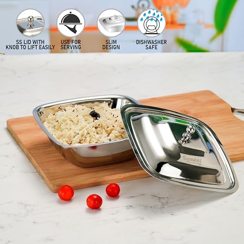 Image of Sumeet Stainless Steel Square Serving Bowl /Curry Bowl /Gravy Pot with Lid, 1250ml Capacity, 18.8cm Dia, Silver