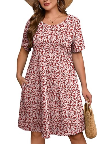 Image of AusLook Plus Size Midi Dress for Women Casual Summer Short Sleeve A Line Swing Dress with Pocket Round Neck Flowy Dress 1X-5X