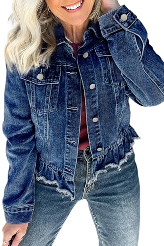 Ecosunny Womens Casual Long Sleeve Button Down Shirt Jacket Ruffle Hem Flap Pockets Denim Shacket Lightweight Coat Tops