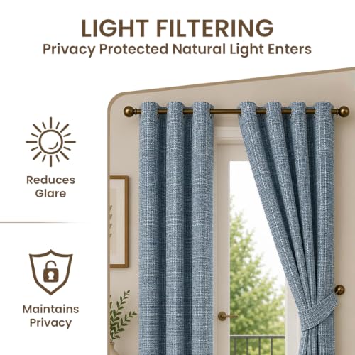 Image of Premium Faux Linen Curtain with Eyelets & Tie-Back | Modern Textured Light Filtering Door & Window Curtain for Home & Office | Washable, Durable & Easy to Maintain | Teal, Window - 5 ft