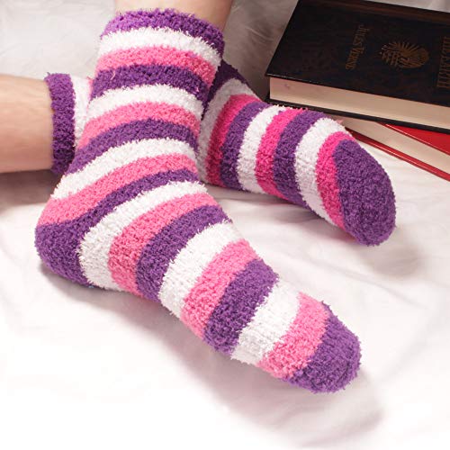 BambooMN Women's Super Soft Warm Microfiber Fuzzy Cozy Home Stripe Socks - Assortments3