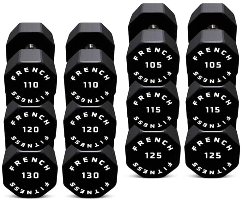 French Fitness Urethane 8-Sided Hex Dumbbell Set 105-130 lbs Durable Shock-Resistant Dumbbells with Knurled Steel Handles
