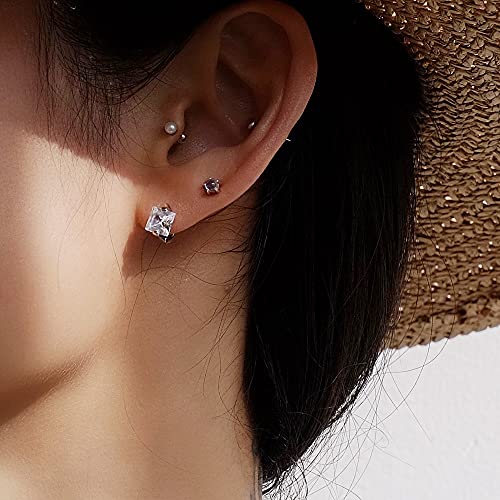Princess Cut CZ Tiny Small Hoop Cartilage Earrings for Women Girls 925 Sterling Silver Square Solitaire Crystal Diamond Hypoallergenic Dainty Sleeper Hoops Jewelry Gifts 6mm Inner2