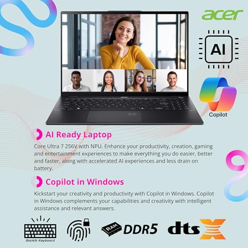 Image of acer Swift 16 AI Laptop, 16 inch 120Hz 3K OLED Touchscreen, Core Ultra 7 256V(4.80 GHz, >i9-12900K), Copilot PC, Backlit Keyboard, Fingerprint, Wi-Fi 7, Windows 11 Pro, Black(16GB DDR5 RAM | 1TB SSD)