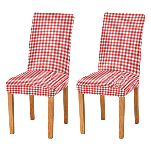 JUMBEAR Lot de 2 housses de chaise extensibles amovibles et lavables et anti-poussière à carreaux pour salle à manger, cuisine, rouge et blanc