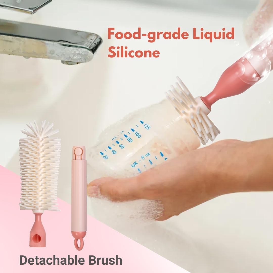 AMPLIN Jumbo Baby Bottle Cleaning Brushes, Nipple, Straw & Feeding Bottle Cleaner Set with 50 ml Travel-Sized Spray Container, BPA-Free Silicone Bristles, Built-in Drying Rack (Pink) 2