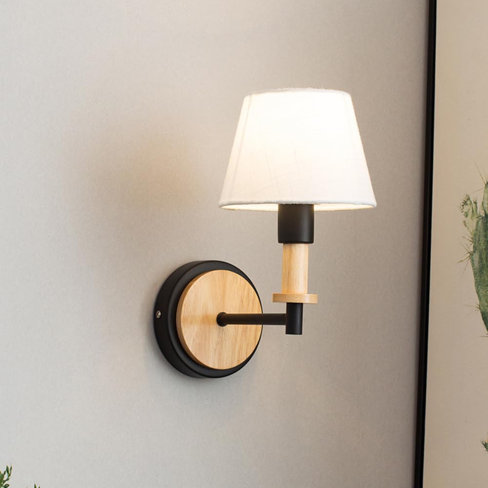 Lámpara de Pared nórdica de Madera, Aplique de Interior de Mediados de Siglo con Pantalla de Tela de Lino, lámpara de Lectura de mesita de Noche cilíndrica E14, luminaria decorativ