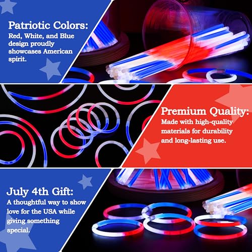 JOYIN 72 Pcs July 4th Glow Sticks Bulk with Connectors, Red White Blue 3 Colors In 1 Glow in The Dark Stick, Light Up Bracelets & Necklaces for Kids & Adults, Party Favor Supplies For Independence Day - image 3