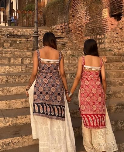 Image of Women's Sleeveless Ajrak Print Kurti, Pure Cotton Straight Fit Straight Cambric Jaipuri Printed Kurti