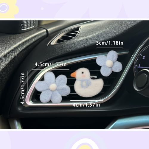 Image of ORIESSE Cute Car Accessories,Duck Flower Air Vent Clips,Handmade Wool Felt Aroma Diffuser,Refillable Girly Car Air Freshener,3pcs White Blue Car Decor
