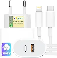 Carregador Turbo 40W Compatível iPhone X Xr 8 11 12 13 14 Plus Pro Max iPad Duas Entradas USB e USB-c Tipo C Com Cabo Tipo C-Lightning Carga Rápida Tecnologia PD FAST DUO ®