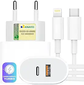 Carregador Turbo 40W Compatível iPhone X Xr 8 11 12 13 14 Plus Pro Max iPad Duas Entradas USB e USB-c Tipo C Com Cabo Tipo C-Lightning Carga Rápida Tecnologia PD FAST DUO ®